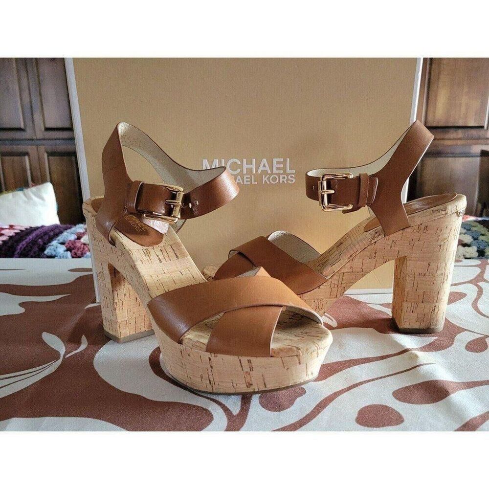 Micheal Micheal Kors Natalia Walnut Leather Cork Platform Sandals  7.5 - Picture 9 of 11